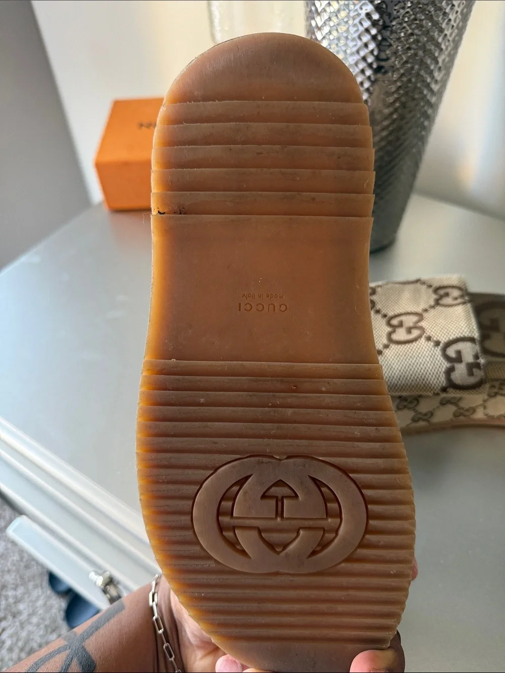 Gucci Brown and Beige GG Canvas Platform Slides
